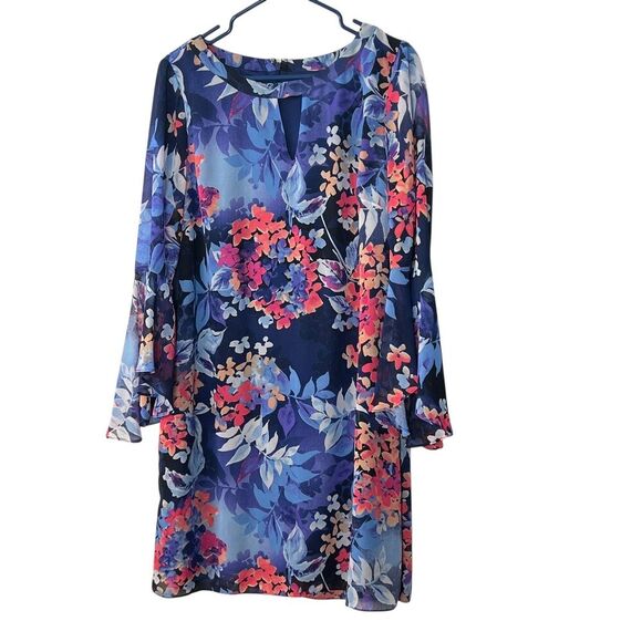 Roz & Ali Dresses & Skirts - Roz & Ali Women's Floral Print Dress Size 14 Long Sleeve Sheer Overlay Navy Blue